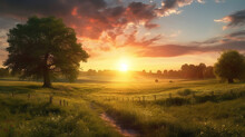 Beautiful Sunrise Over A Meadow With Trees And A Fence. Generative Ai