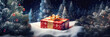 Weihnachtsgeschenk mit goldener Schleife liegt im Schnee umrahmt von Tannen mit Weihnachtskugeln. Banner Panorama Format mit Textfreiraum. Generative KI