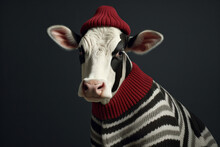 Generative Ai Collage Of Fashionable Anthropomorphic Cow Fashionista Wear Knitted Outfit On Black Background