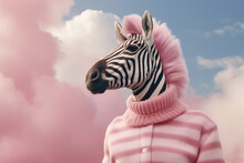 Psychedelic Template Collage Of Generated Ai Person With Zebra Face Have Pink Hair In Surreal Heaven Sky Background