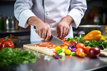 Wall Mural - chef cooking food kitchen restaurant cutting cook hands hotel man male knife preparation fresh preparing concept