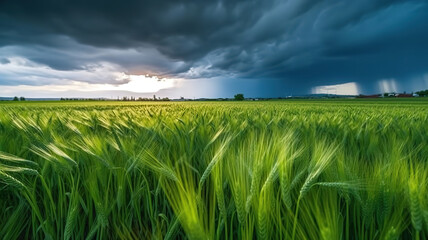 Wall Mural - Sun shining behind the dark clouds over the green field. Generative ai