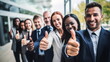 © FelixW - Illustration of smiling business people showing thumbs up in front of office. AI generated Illustration