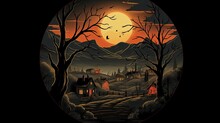 Autumn landscape At Harvest Farm Field With orange and Blue Sky, Beautiful Sunset In Mid Autumn in Countryside, AI Illustration. Halloween Concept Design. Banner Background For Fall Season.