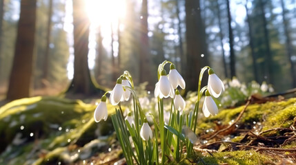 Sticker - Close up snowdrops in the ground macro photography. Generative ai