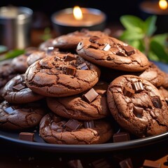 Wall Mural - Freshly baked chocolate cookies with chocolate drops in plate on christmas background. AI generated