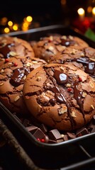 Wall Mural - Close up of Freshly baked chocolate cookies with chocolate drops in baking tray on christmas background. AI generated