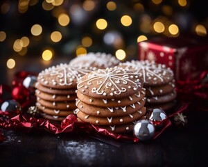 Wall Mural - Baked Gingerbread Cookies stack on Christmass tree party  background. Christmas traditional cookies. AI generated