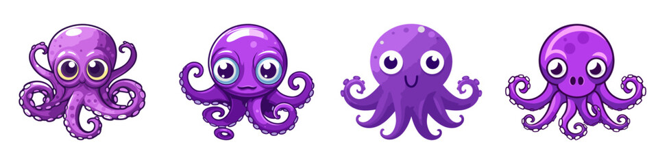 Wall Mural - Purple cartoon octopus set. Vector illustration.