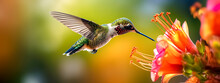 Bright Colorful Hummingbird Flying To Flower For Nectar, Banner Made With Generative AI