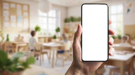 School education, online teaching app, phone with blank screen with copy space, classroom on background