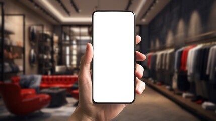 Online shopping concept, hand holding phone with clothing store app mockup on blank white screen