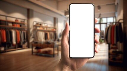 Online shopping concept, hand holding phone with clothing store app mockup on blank white screen