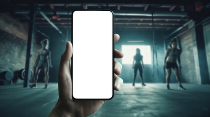 Hand holding smartphone with fitness app mockup, online workout training concept, modern mobile technology for remote gym exercise