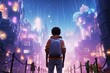 © iridescentstreet - Teenage boy 3d avatar exploring neon metaverse city in virtual reality video game, modern futuristic gaming technology