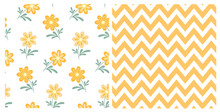 Set Of Seamless Of Hand Drawn Wild Doodle Flowers And Chevron On Isolated Background. Design For Mother’s Day, Easter, Springtime, Summertime Celebration, Scrapbooking, Home Decor, Paper Craft.