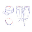 Continuous line drawing of a group of percussion instruments: drum, tambourine, conga set, isolated on white. Hand drawn, vector illustration