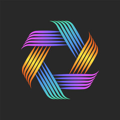 Intertwined thread or stripes logo hexagon geometric shape metallic knot for the handmade sewing workshop, intersection thin colorful vibrant gradient parallel lines circular weaving pattern.