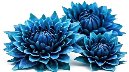 3 surreal exotic high quality blue flowers macro isolated on white. generative ai