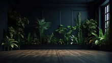 Dark Wall Empty Room With Plants On A Floor, 3d Rendering. Generative Ai