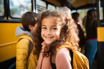 Poster - Girl on a blurred background of the bus. Back To School concept. Background with selective focus