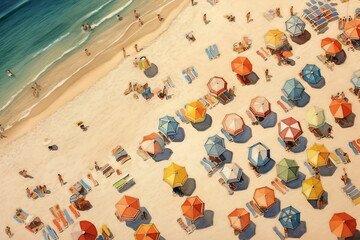 Wall Mural - Aerial view of sandy beach with colorful umbrellas, swimming people in sea bay with transparent blue water in summer. Top view. Illustration