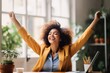 © visoot - Joyful business woman freelancer entrepreneur smiling and rejoices in victory while sitting at desk after working finishing project at home, Freelancer, Gesturing with her hands rejoicing in victory.