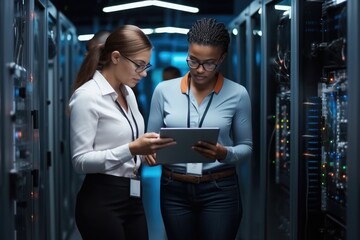 Women with a tablet for examine cyber security at server room, Database planning and inspection, Teamwork.