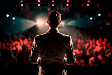 Motivational speaker with headset performing on stage, back view 
