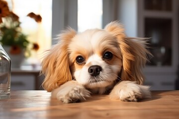 Wall Mural - Cute dog on the kitchen table.