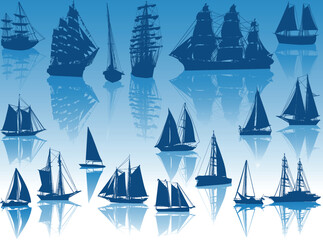 Sticker - seventeen ship silhouettes with reflections on blue