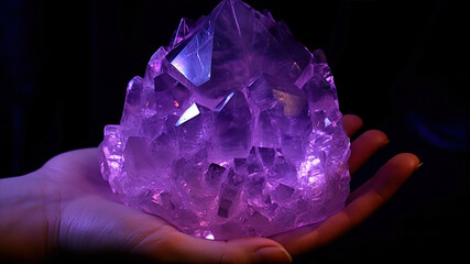 Hands holding a crystal on a dark background, close-up generative ai