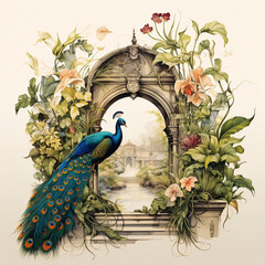 Wall Mural - Traditional Mughal garden, arch, peacock, plant and bird illustration