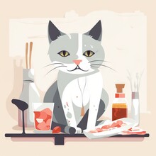  A Cat Sitting On A Table Next To A Plate Of Meat And A Bottle Of Wine And A Glass Of Wine And A Bottle Of Wine.  Generative Ai