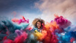 Lachende schöne Frau mit Holi Farben Top Explosion Poster Porträt, ai generativ