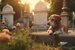 sad dog sits in a cemetery near the grave of its owner, generative ai 