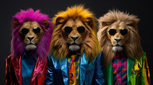 Stylish Animal Rock Band, Fashionable Portrait Of Anthropomorphic Superstar Lions With Sunglasses And Vibrant Suits, Group Photo, Glam Rock Style. Generative AI.
