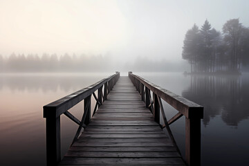 morning misty landscape on the lake. wooden pier and island with trees on the lake.