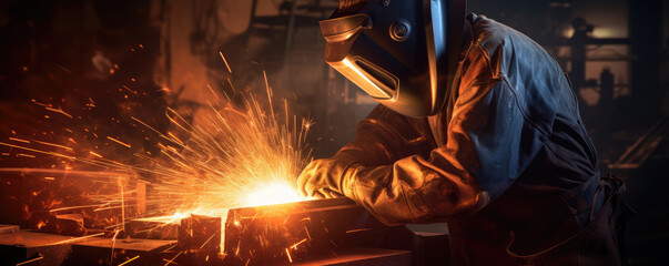 Metal welder working with arc welding machine to weld steel at factory. generative ai