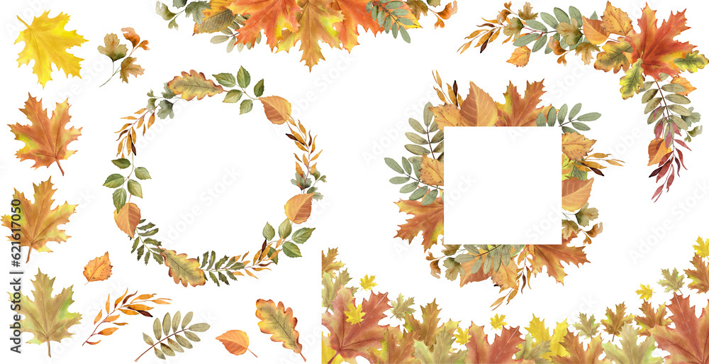 Fall leaves watercolor illustration. Autumn frame set with maple leaf ...