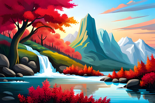 Autumn landscape with mountain, river, waterfall, and colorful forest, red nature illustration, generative ai