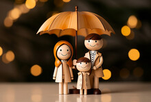 Happy Family Under The Umbrella On Raining Wooden Figurine Model On Table Top Background. People Lifestyles And Relationships In Love Concept.