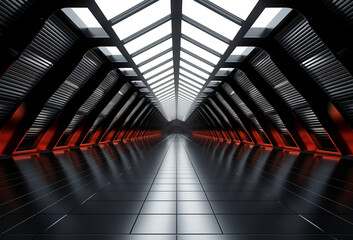 Dark Futuristic Modern Garage Showroom Tunnel Corridor. Entrance 3D Illustration