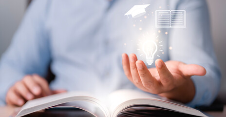 Fototapete - Concept of Online education. man use Online education training and e-learning webinar on internet for personal development and professional qualifications. Digital courses to develop new skills...