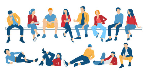men and a women sitting on a bench, different colors, cartoon character, group silhouettes of busine