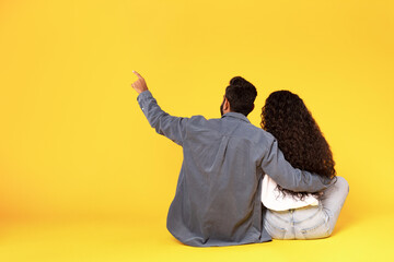 Wall Mural - Back View Of Eastern Couple Pointing Sitting Over Yellow Background