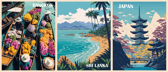set of travel destination posters in retro style. bangkok, thailand, sri lanka, japan tokyo prints. 
