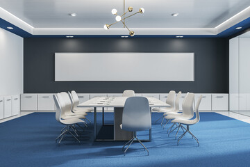 Modern glass meeting or conference room interior with furniture, blue carpet and blank wide black mock up poster on wall. 3D Rendering.