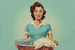 Paper textured vintage style illustration of cheerful, young woman with apron and laundry basket isolated on light blue background. Happy housewife of the 1950s concept. Copy space for text. 
