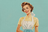 Fototapeta Konie - Paper textured vintage style illustration of cheerful young woman with apron isolated on blue background. Happy housewife of the 1950s concept. Copy space for text. Made with generative AI.
